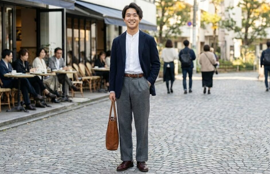 ジャケパンスタイルなら外羽根の武骨さも武器になる