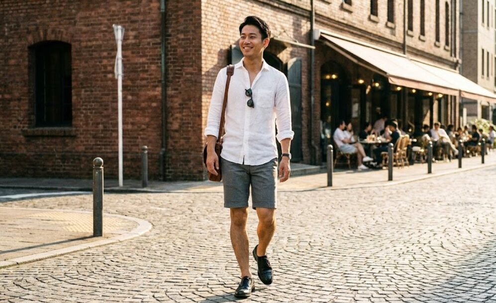 ショーツと長袖シャツを合わせる知的なバランス