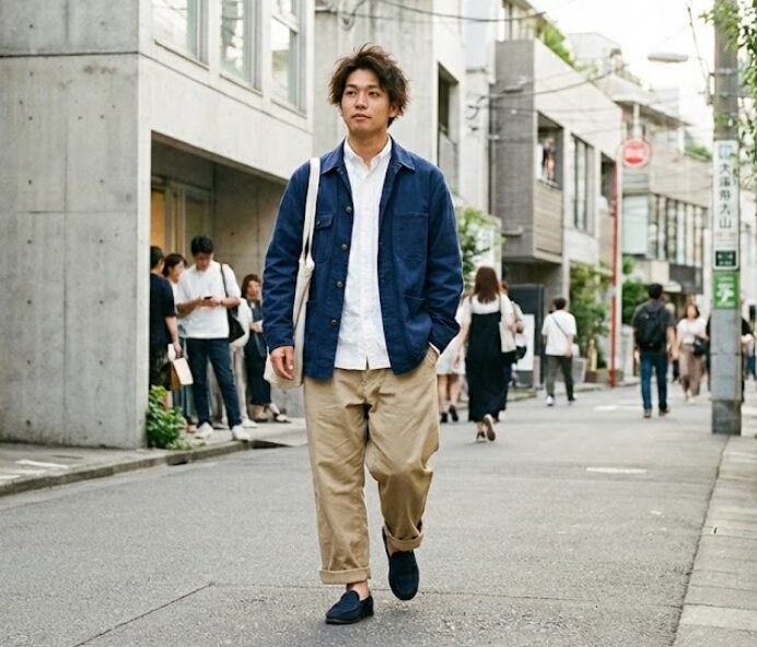 ベージュのチノパンで快活な足元を演出する