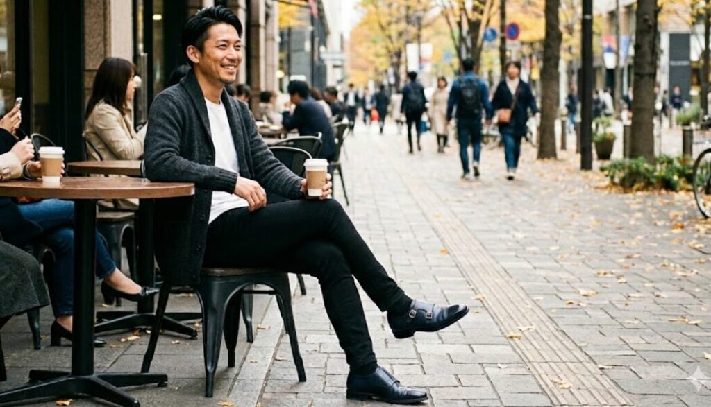 黒パンツとのモダンな着こなし