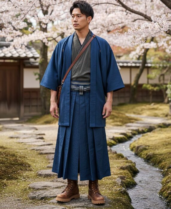 メンズの無骨な着物姿を引き立てるワークブーツの活用